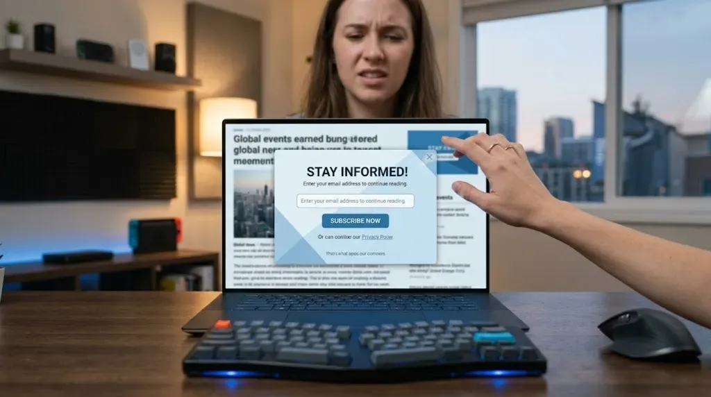 A laptop showing a news article covered by a subscribe overlay reading 'Stay informed' with an email field, as a hand reaches for the close button